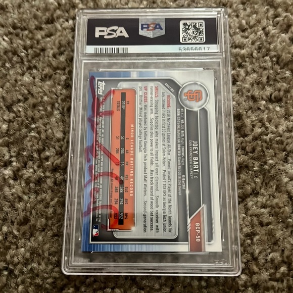 2019 Bowman Joey Bart Prospects Chrome #50 PSA 10 Golden Knight signed - Picture 2 of 2